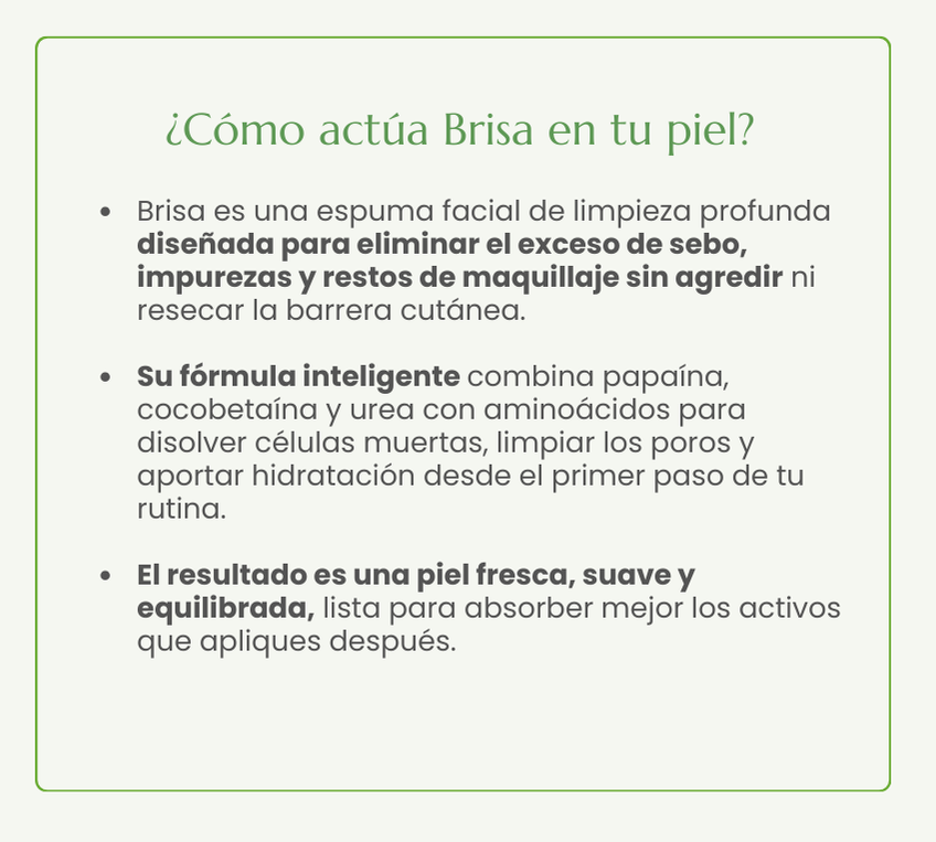 Brisa es una espuma facial de limpieza profunda dise&ntilde;ada para eliminar el exceso de sebo, impurezas y restos de maquillaje sin agredir ni resecar la barrera cut&aacute;nea.   Su f&oacute;rmula inteligente combina papa&iacute;na, cocobeta&iacute;na y urea con amino&aacute;cidos para disolver c&eacute;lulas muertas, limpiar los poros y aportar hidrataci&oacute;n desde el primer paso de tu rutina.   El resultado es una piel fresca, suave y equilibrada, lista para absorber mejor los activos que apliques despu&eacute;s.